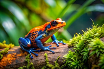 Fototapeta premium Vibrant rainforest poison dart frog with bright orange and blue skin sits on a moss-covered log surrounded by lush green tropical foliage and vines.