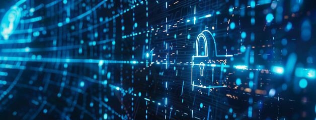 Digital data security related futuristic technological background with a padlock icon and moving lines and objects on digital screen