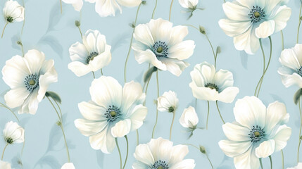 A seamless pattern of white anemones on a pale blue background, seamless patterns, background, wallpaper.