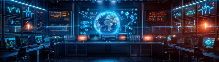 Fototapeta premium Futuristic control room with a global interface and advanced technology, designed for monitoring and data analysis.