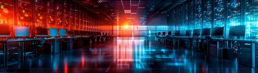 Obraz premium Futuristic data center with glowing lights and high-tech computers, illustrating advanced technology and digital innovation.