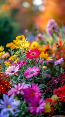 Obraz premium Vibrant Autumn Garden with Diverse Colorful Flowers and Lush Foliage