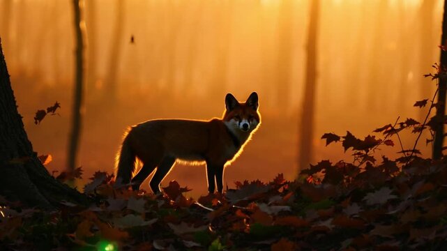 Cute Red Fox, Vulpes vulpes in fall forest. Beautiful animal in the nature habitat. Wildlife scene from the wild nature, Germany, Europe. Cute animal in habitat. Red fox running on orange autumn leave