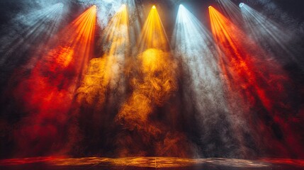 The banner background of an empty stage with colorful spotlights and copy space