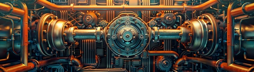Fototapeta premium Industrial machinery with complex gears and pipes, showcasing intricate design and engineering in a close-up view.