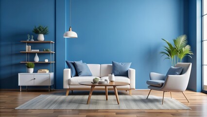 Obraz premium Minimalist living room with calming blue accent wall, modern white chair, and stylish decorative objects on a sleek coffee table.