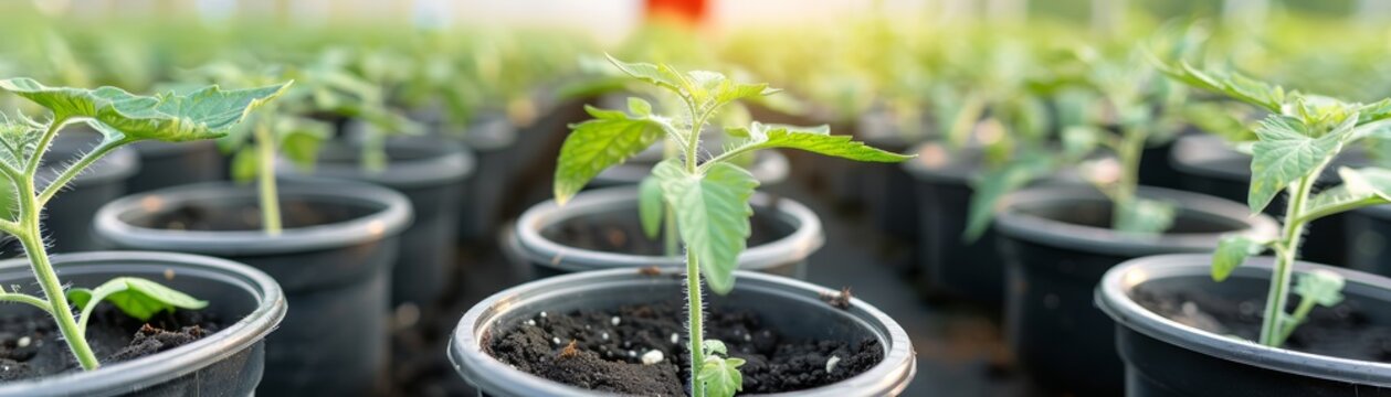 Healthy tomato seedlings thriving in pots, ready for growth in a greenhouse environment with soft sunlight.