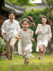 Fototapeta premium photography, Chinese, happy family running on the grass, happiness, natural light, low contrast, high definition, ultra-detailed photography, AI Generative
