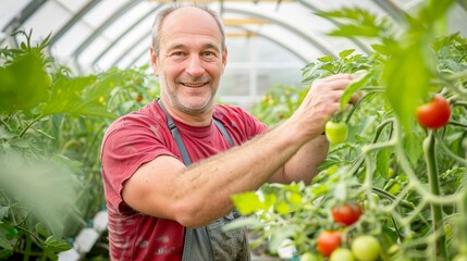 Smiling man tending to tomato plants in a greenhouse, showcasing the joys of gardening and fresh produce cultivation.