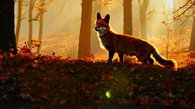 Cute Red Fox, Vulpes vulpes in fall forest. Beautiful animal in the nature habitat. Wildlife scene from the wild nature, Germany, Europe. Cute animal in habitat. Red fox running on orange autumn leave