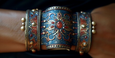 a blue and gold bracelet with red stones.