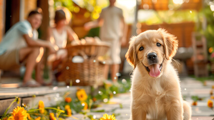 Happy golden retriever puppy on a wooden deck with family enjoying summer day