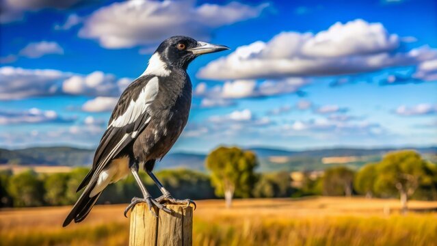 Australian Magpie perched on a rusty fence post against a clear blue sky with subtle clouds and sunlit rural backdrop.