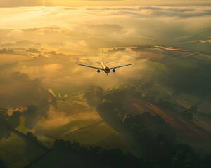 Naklejka premium Aerial View of Serene Rural Landscape at Dawn with Airplane in Flight