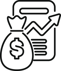 Line art icon of a smartphone displaying financial success with a growing arrow chart and a money bag