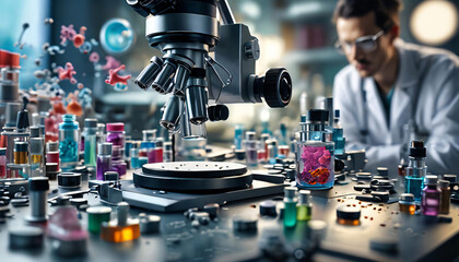 Modern laboratory featuring a microscope analyzing samples with a scientist conducting medical research in the background