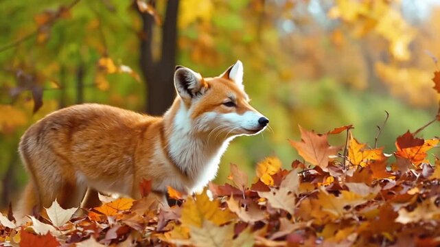 Cute Red Fox, Vulpes vulpes in fall forest. Beautiful animal in the nature habitat. Wildlife scene from the wild nature, Germany, Europe. Cute animal in habitat. Red fox running on orange autumn leave