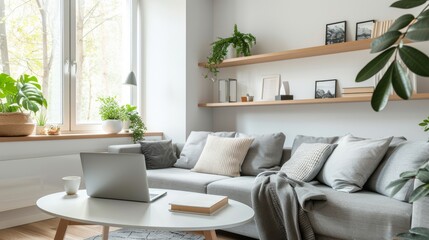 Bright, modern living room featuring a gray sofa, laptop on a coffee table, and lush indoor plants near a window.