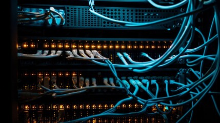 server rack with network wires elements, aesthetic, minimalist design, technology sense, blue colors, white accents, black background, AI Generative