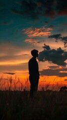 Obraz premium A serene silhouette stands amidst tall grass as the sun sets beautifully
