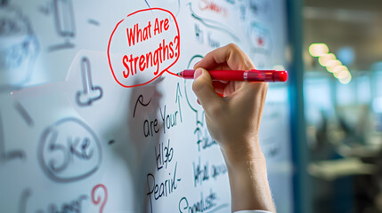 a hand writing the phrase "What Are Your Strengths?" on a whiteboard with a red marker