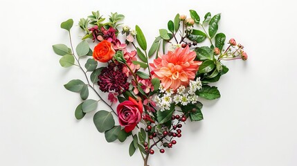 Artistic composition of a heart-shaped flower cluster, surrounded by delicate greenery, on a white background