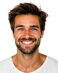 Fototapeta premium Close-up portrait of a smiling man with happy expression, studio photo, isolated on transparent background