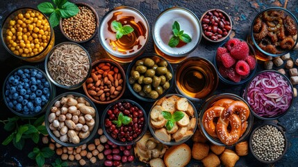 German beer and food, including pretzel, sausages, sauerkraut, and hops, on a rustic table 