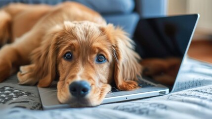 Fototapeta na wymiar super cute golden retreiver puppy laying on homework next to a laptop, AI Generative