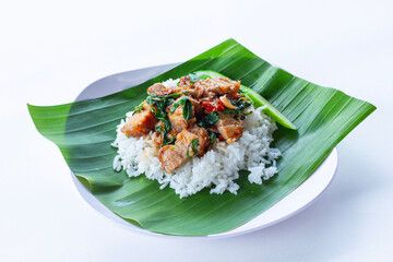 Crispy Pork with Holy Basil Popular one-dish meal, isolate and white background