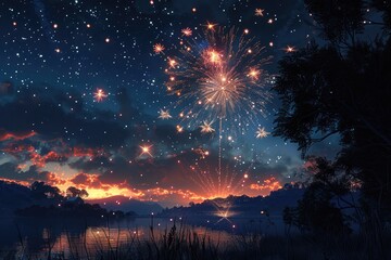 A fireworks display is lit up in the night