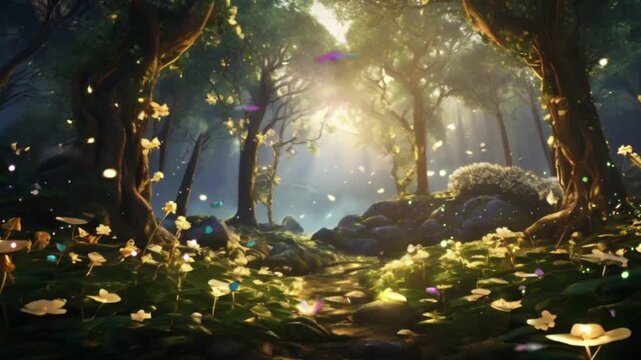 A morning view in the middle of a forest in a fairyland, there are some magical flowers blooming, there are fireflies.