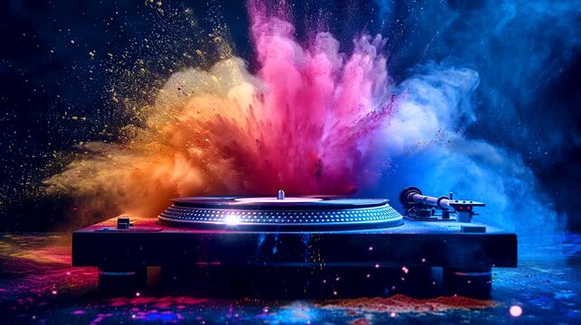 Turntable in neon smoke explosion effects. Seamless loop video background