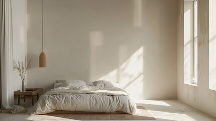 Whitestructured wall boho bedroom with cozy bed 