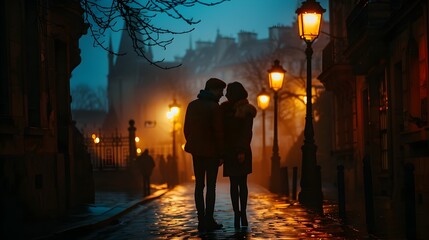 Fototapeta premium Intimate Embrace Under the Warm Glow of a Streetlamp in a Quiet City Street