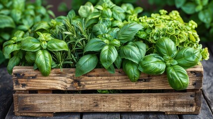 Naklejka premium Herbs like basil and rosemary in a wooden crate, set in a lively garden backdrop