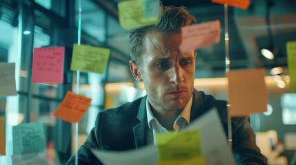 A man in an office, frustratedly looking at a document, questioning expression, surrounded by sticky notes on glass wall, business attire, modern office setting