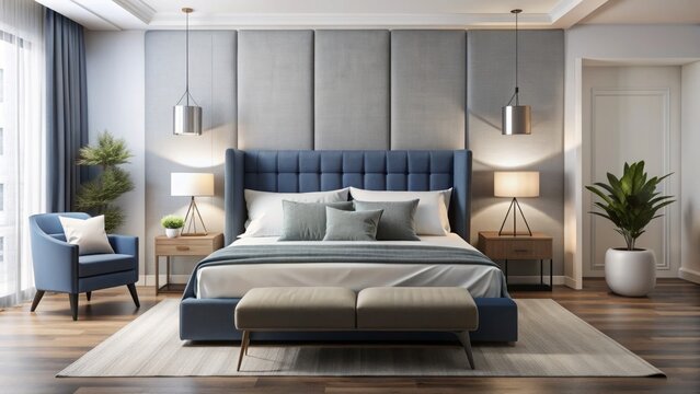 Contemporary bedroom setting featuring sleek white bedding on sofa and bed, accentuated by blue headboard and minimalist bedside table arrangement.