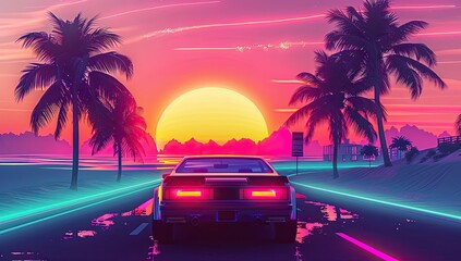 Synthwave Landscape with Neon Sunset