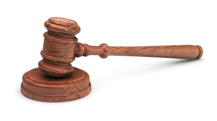 Court gavel 3D illustration, justice wooden hammer for auction, realistic render, isolated on white, detailed design