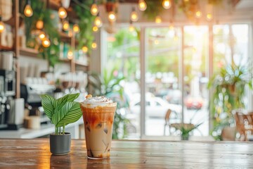 Rustic coffee shop counter with various drinks symbolizing variety coffee culture and craftsmanship in a warm inviting setting