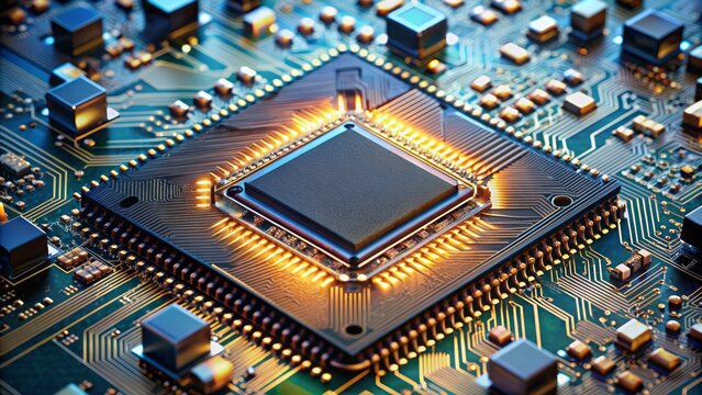 Advanced microchip with intricate circuitry and tiny components illuminated on a powerful computer board with AI technical details.