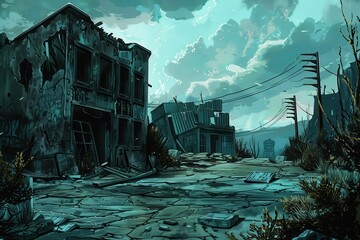 Postapocalyptic cityscape with ruined buildings and debris