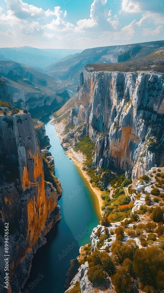 Poster majestic aerial view of dramatic canyon with winding river and rugged cliffs