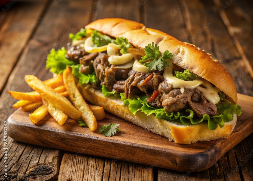 Wall mural Juicy steak, melted cheese, sautéed onions, and fresh lettuce piled high on a crusty hoagie roll, served with crispy french fries on a rustic wooden board.