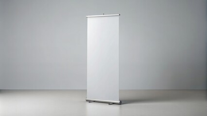 Isolated white blank roll-up banner mockup on a light gray background, vertical design with a subtle gradient, perfect for advertising, exhibitions, and corporate events.