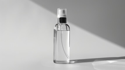 Empty spray bottle is placed on a white background, creating shadows from a strong light