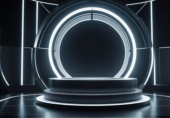 podium features a minimalist design with smooth lines, integrated LED lighting, and a holographic display. 