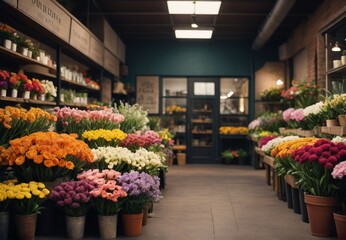 Fototapeta premium Bouquets of roses, tulips, lilies, and daisies create a colorful and fragrant display, while potted plants and hanging baskets add to the lush ambiance