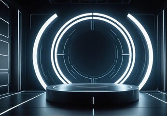 podium features a minimalist design with smooth lines, integrated LED lighting, and a holographic display. 